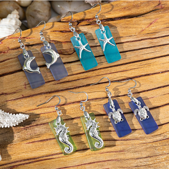 Beach Sea Glass Earrings Blue Silver Starfish Pierced Hooks Turquoise Dangles