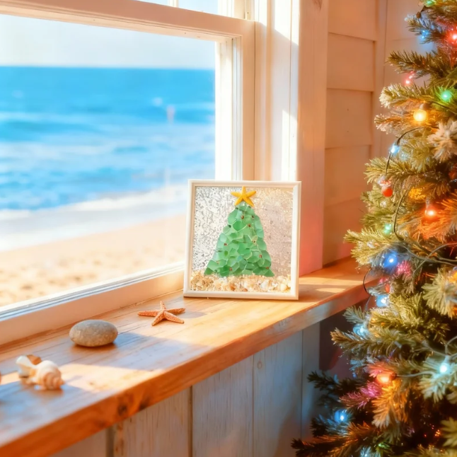 🎄Handcrafted Sea Glass Christmas Tree Art– Coastal Charm with Luxe Beachy Festive Flair🎄