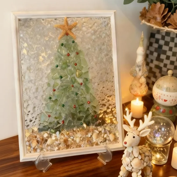 🎄Handcrafted Sea Glass Christmas Tree Art– Coastal Charm with Luxe Beachy Festive Flair🎄